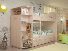 Кровать 2-х ярусная Мая с ящиками и шкафом на латофлексах млечный дуб в Мегионе - megion.magazinmebel.ru | фото