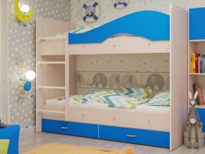 Кровать 2-х ярусная Мая с ящиками на латофлексах млечный дуб/синий в Мегионе - megion.magazinmebel.ru | фото