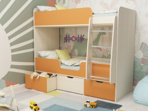 Кровать двухъярусная Малыш двойняшка дуб молочный-оранжевый в Мегионе - megion.magazinmebel.ru | фото
