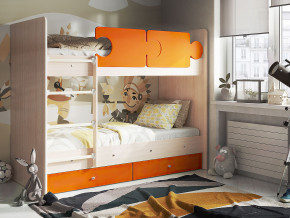 Кровать двухъярусная Тетрис латы с бортиками дуб млечный-оранжевый в Мегионе - megion.magazinmebel.ru | фото